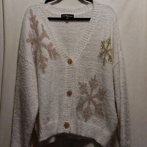 Womens XXL 33 Degrees White Gold Snowflake Fuzzy Sweater Grannycore Metallic